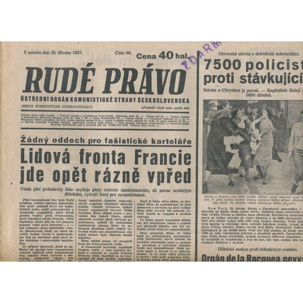 Rudé právo (20.3.1937) - 1. republika, staré noviny