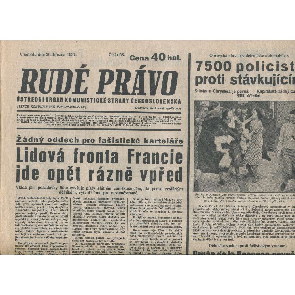 Rudé právo (20.3.1937) - 1. republika, staré noviny