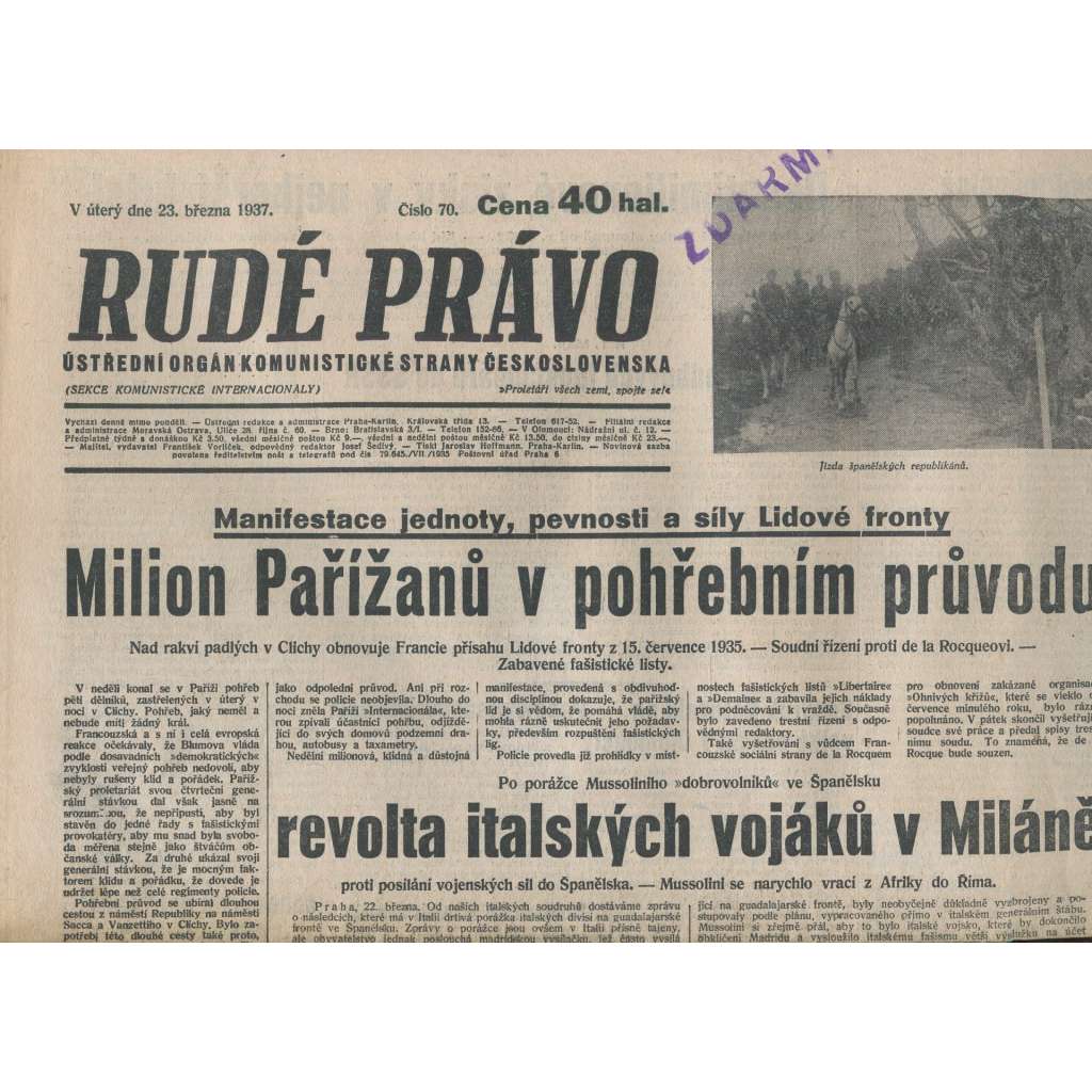 Rudé právo (23.3.1937) - 1. republika, staré noviny