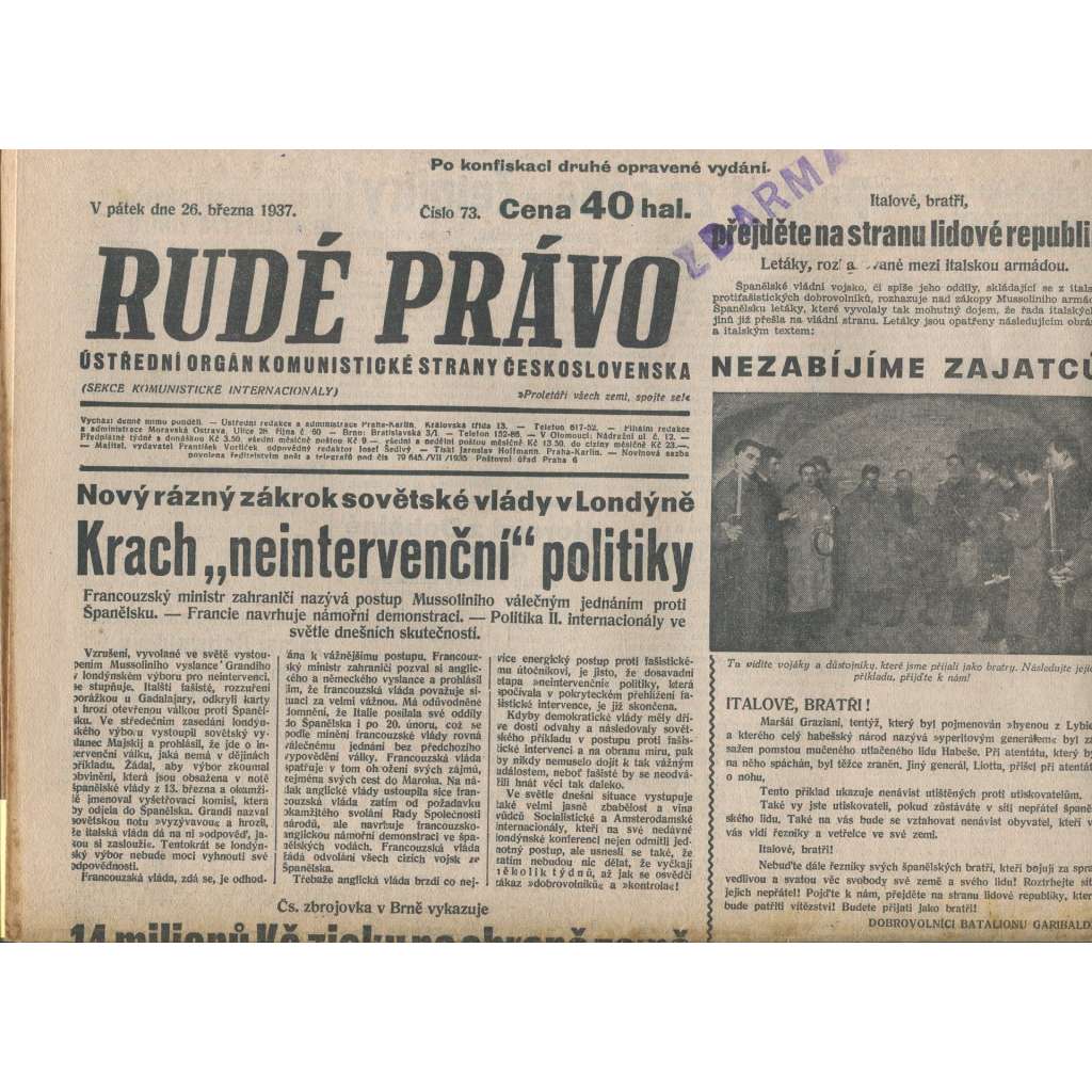 Rudé právo (26.3.1937) - 1. republika, staré noviny