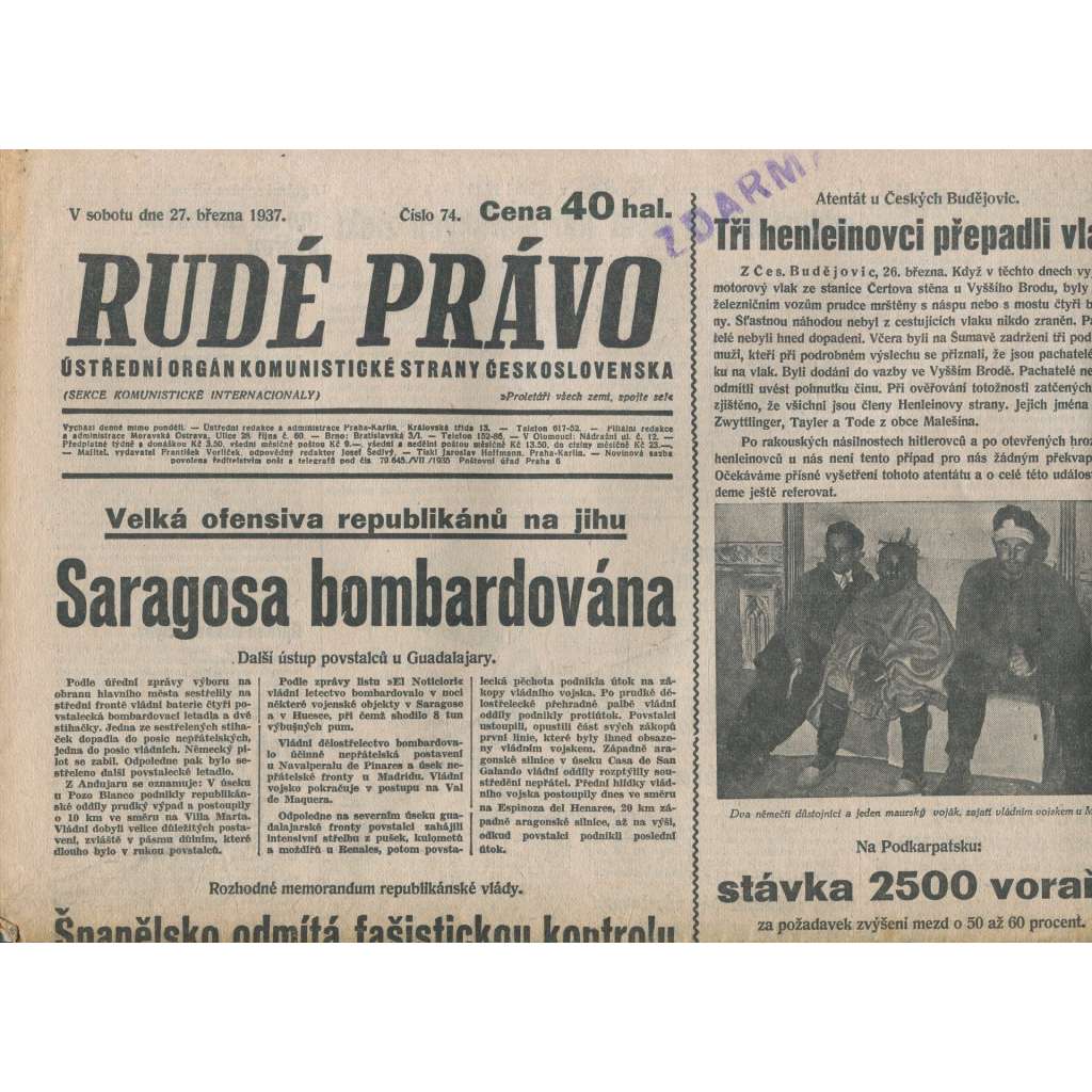 Rudé právo (27.3.1937) - 1. republika, staré noviny