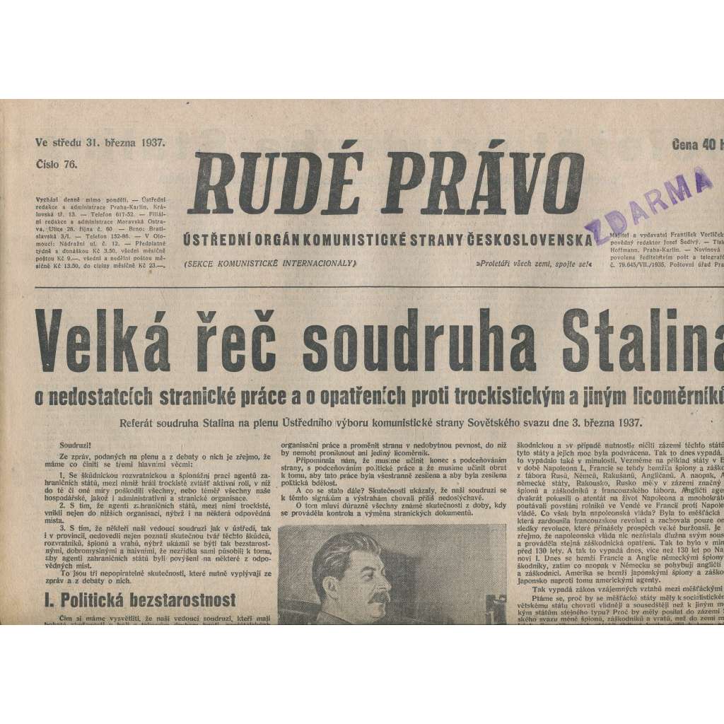 Rudé právo (31.3.1937) - 1. republika, staré noviny