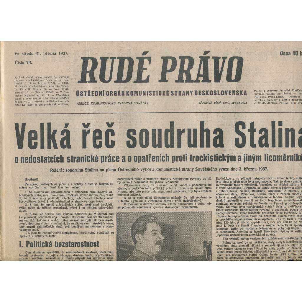 Rudé právo (31.3.1937) - 1. republika, staré noviny