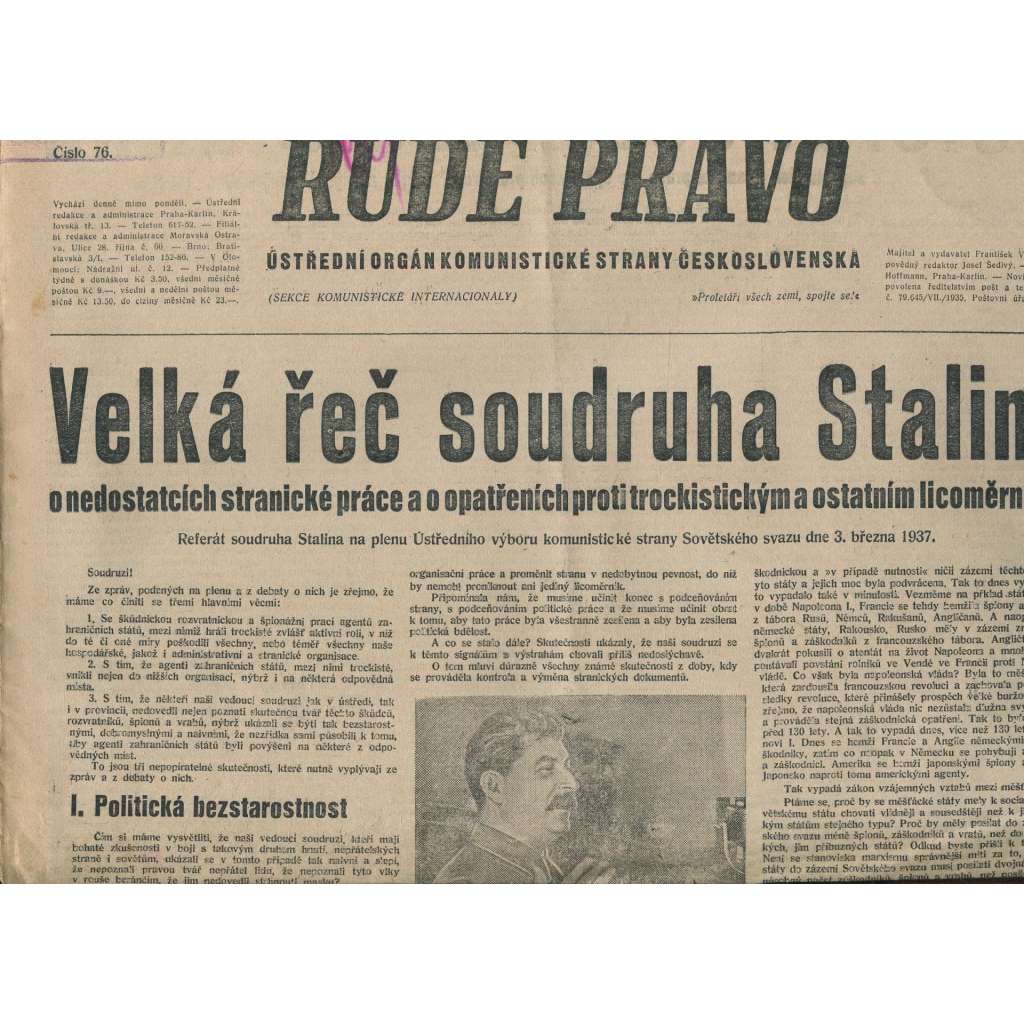 Rudé právo (31.3.1937) - 1. republika, staré noviny