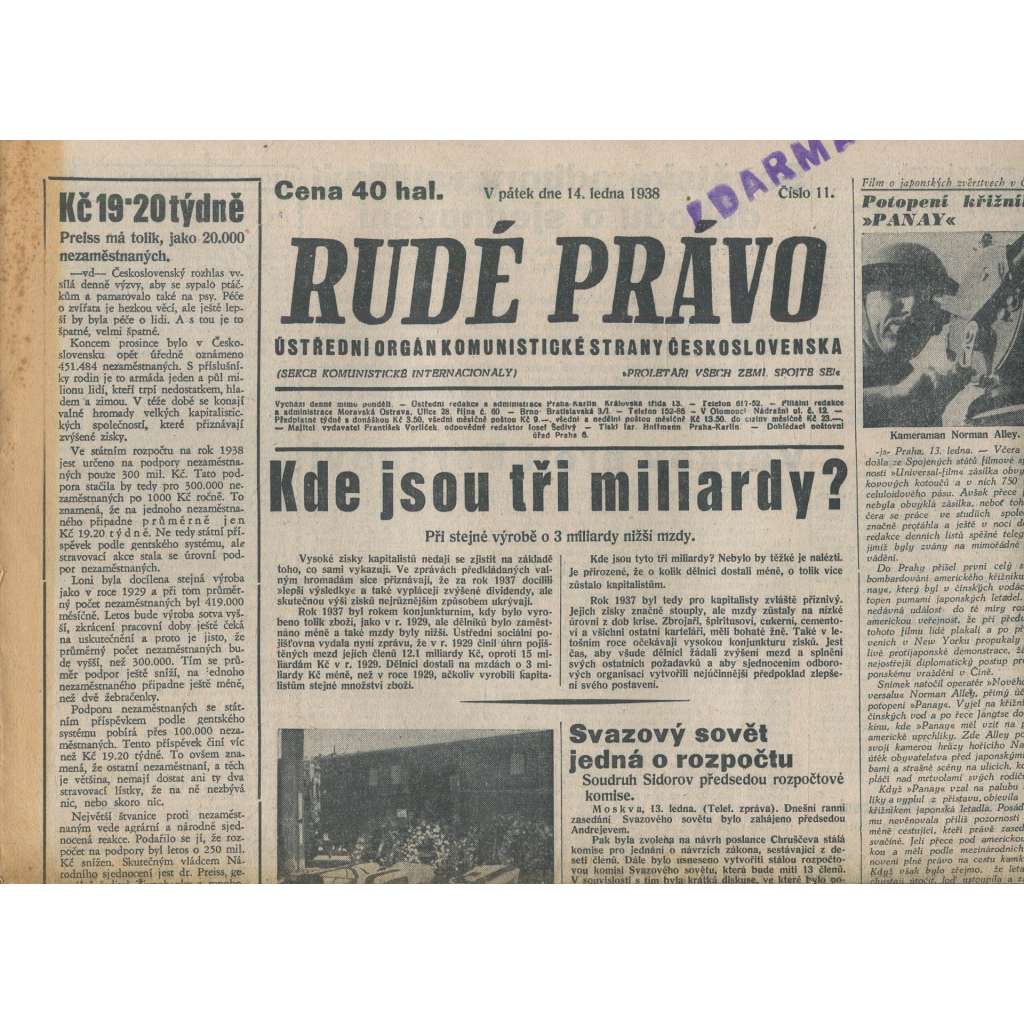 Rudé právo (14.1.1938) - 1. republika, staré noviny