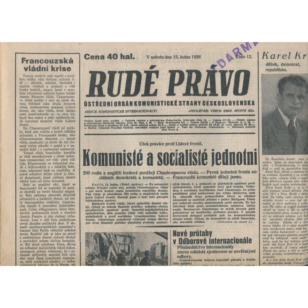 Rudé právo (15.1.1938) - 1. republika, staré noviny