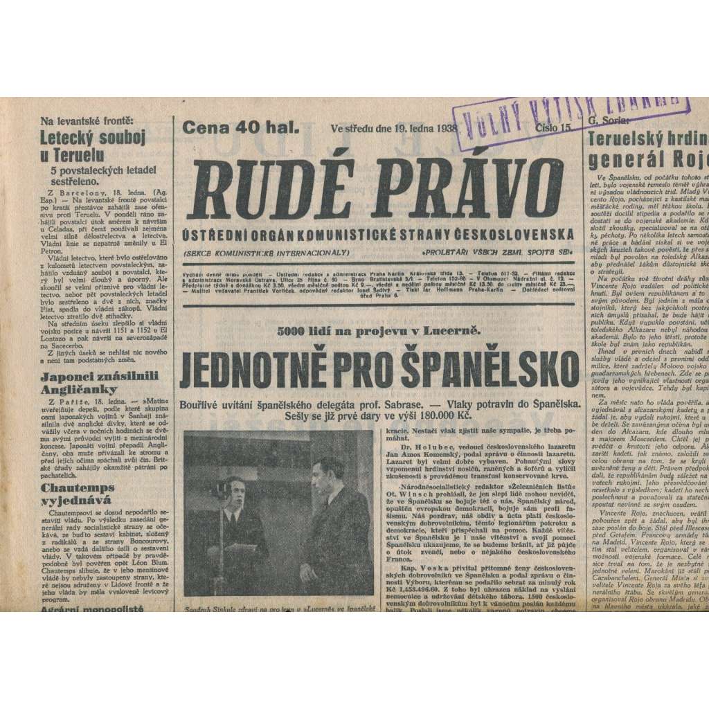 Rudé právo (19.1.1938) - 1. republika, staré noviny