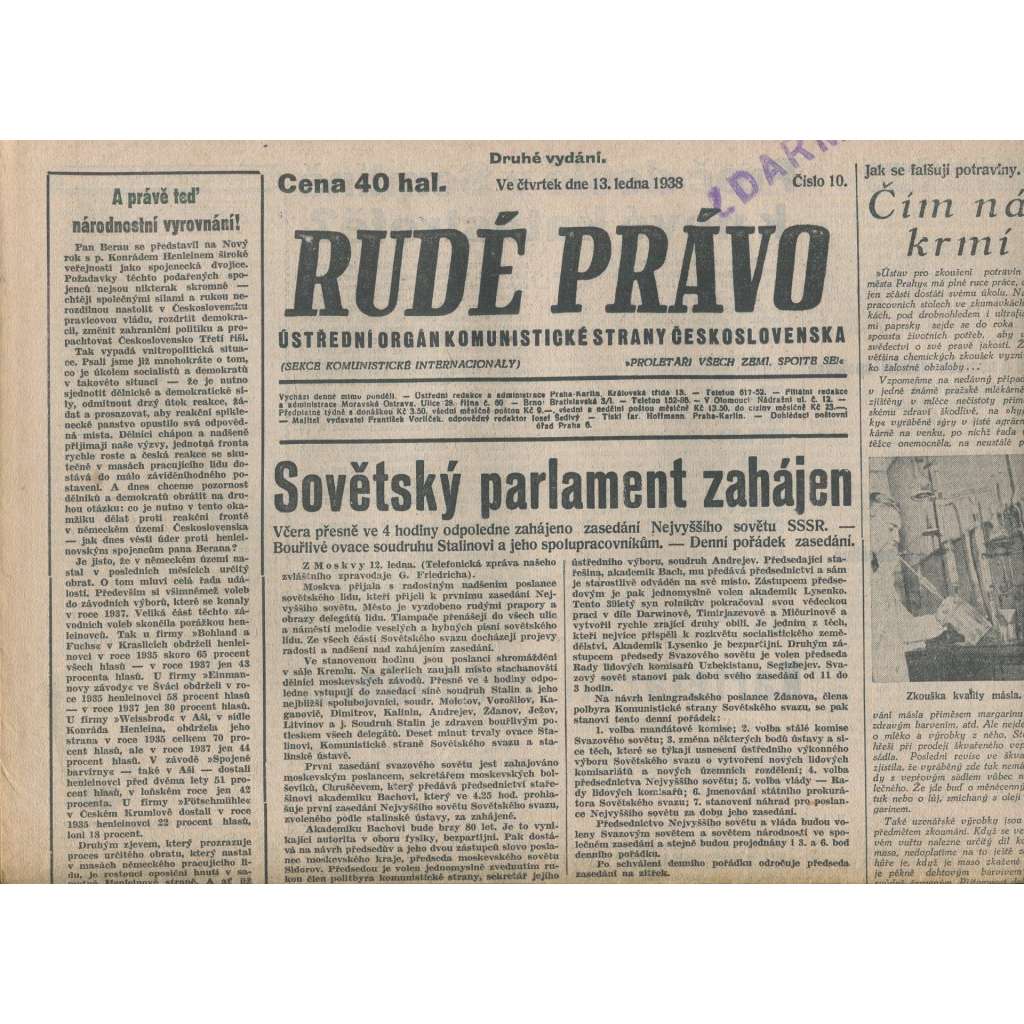 Rudé právo (13.1.1938) - 1. republika, staré noviny