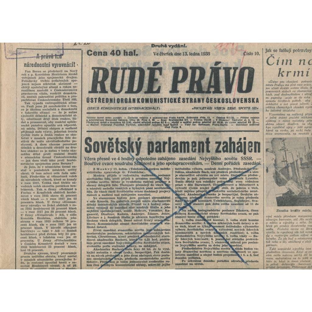 Rudé právo (13.1.1938) - 1. republika, staré noviny