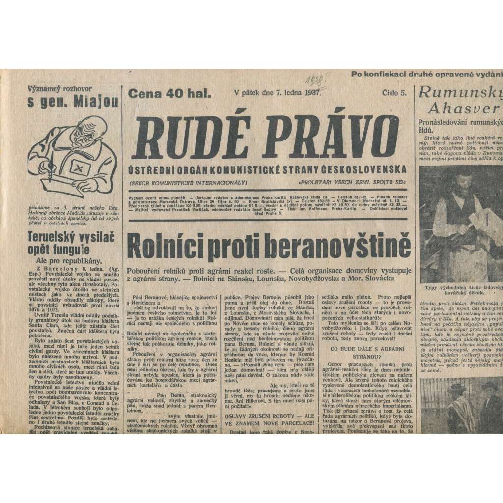 Rudé právo (7.1.1938) - 1. republika, staré noviny