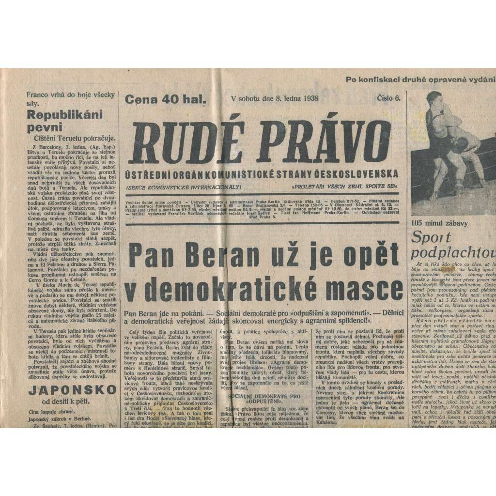 Rudé právo (8.1.1938) - 1. republika, staré noviny