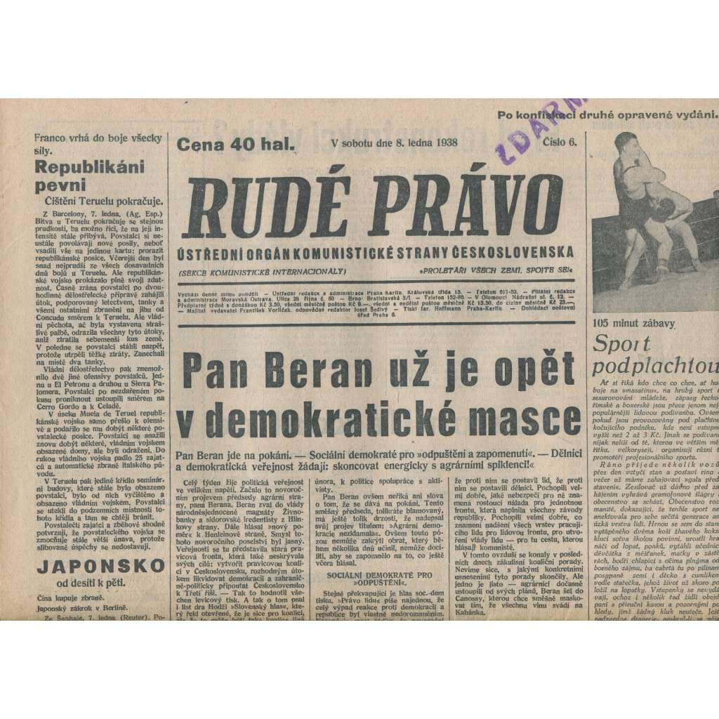 Rudé právo (8.1.1938) - 1. republika, staré noviny