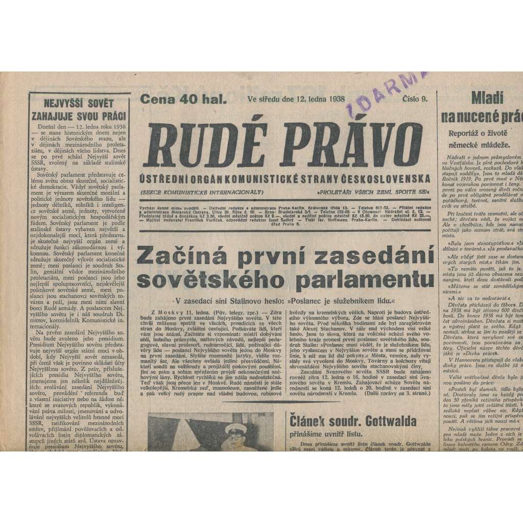 Rudé právo (12.1.1938) - 1. republika, staré noviny