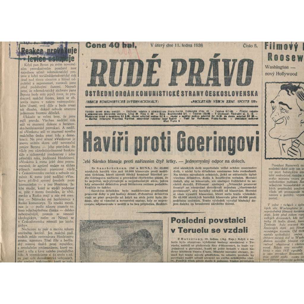 Rudé právo (11.1.1938) - 1. republika, staré noviny