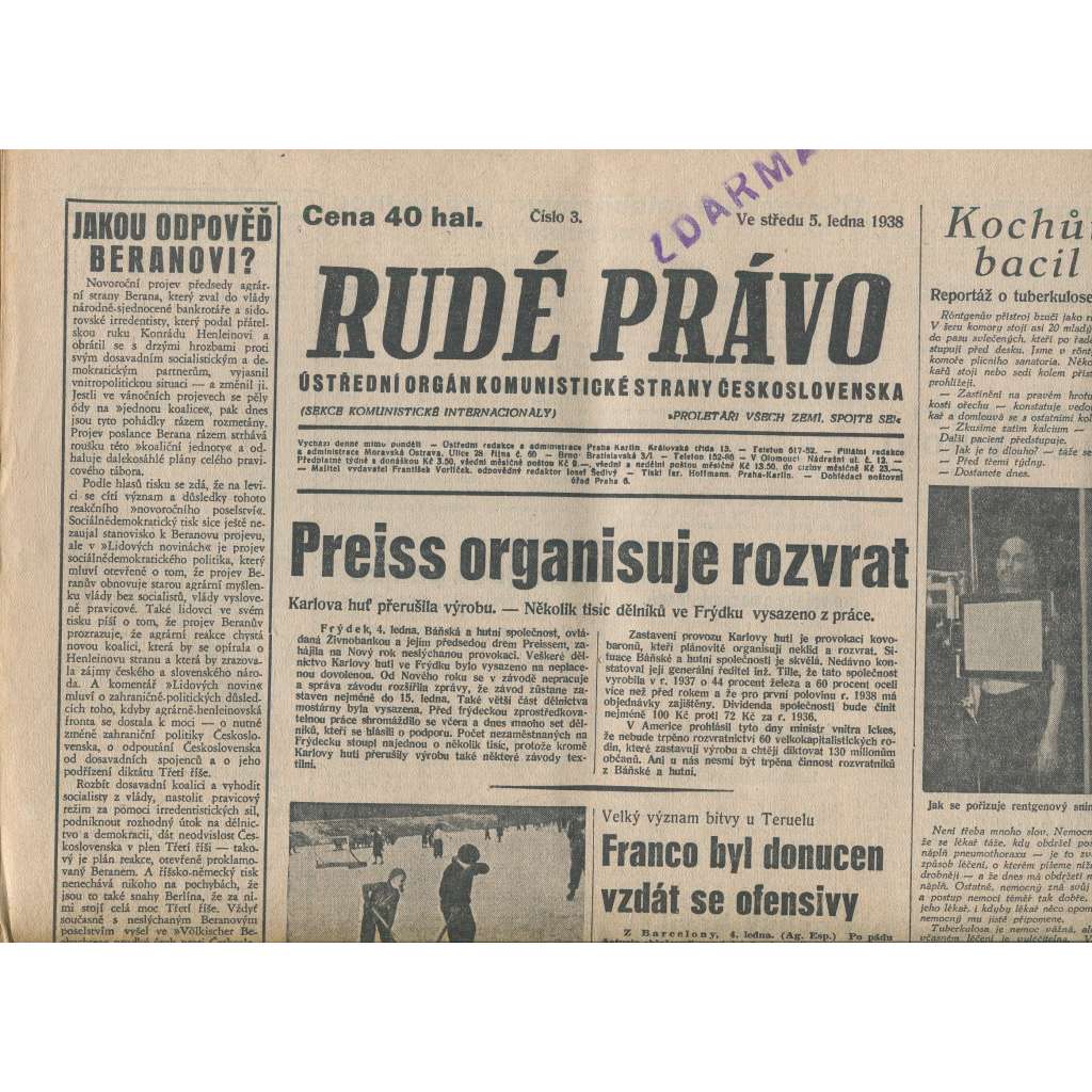 Rudé právo (5.1.1938) - 1. republika, staré noviny