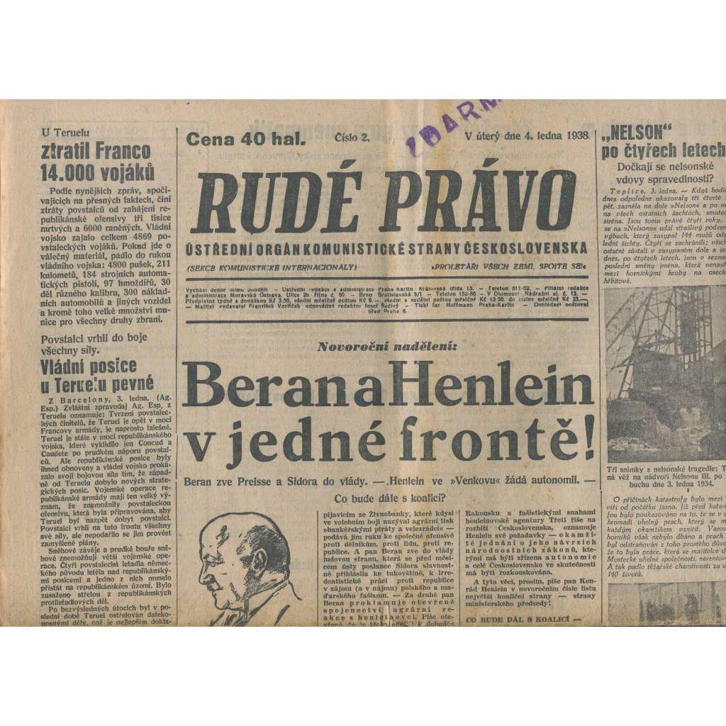 Rudé právo (4.1.1938) - 1. republika, staré noviny