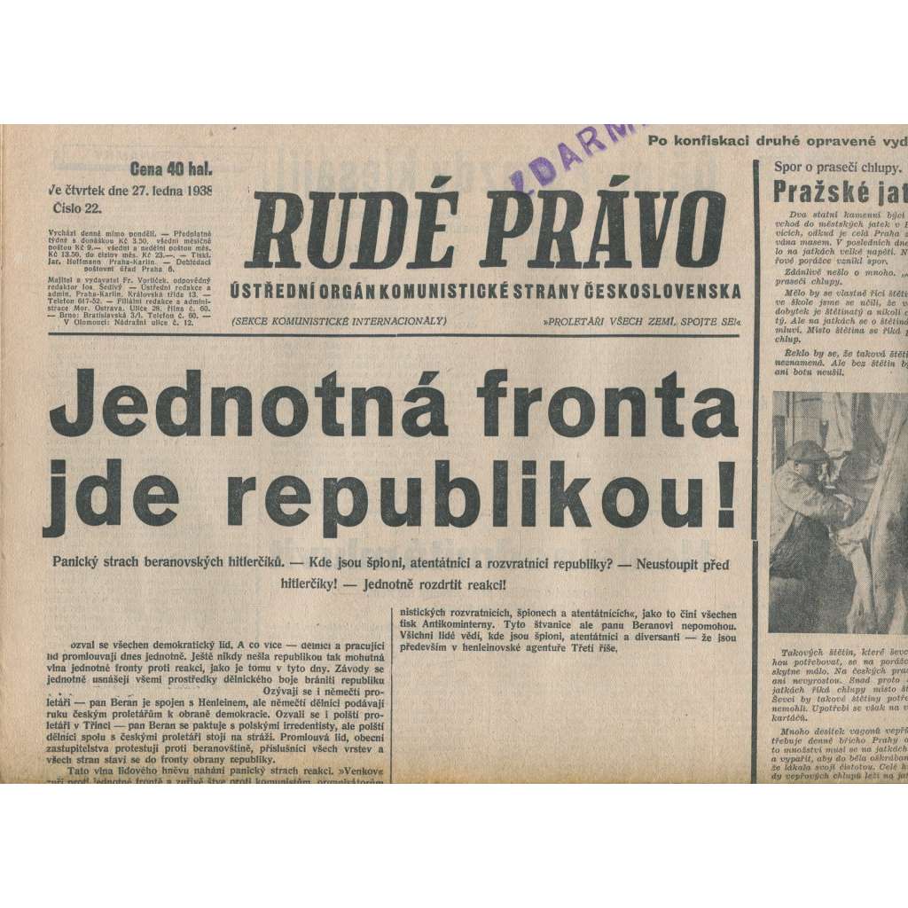 Rudé právo (27.1.1938) - 1. republika, staré noviny