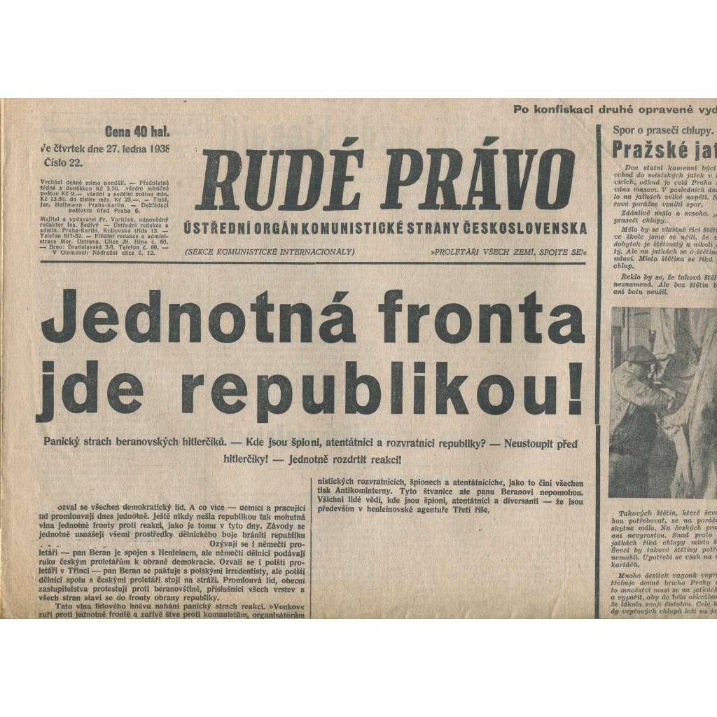 Rudé právo (27.1.1938) - 1. republika, staré noviny