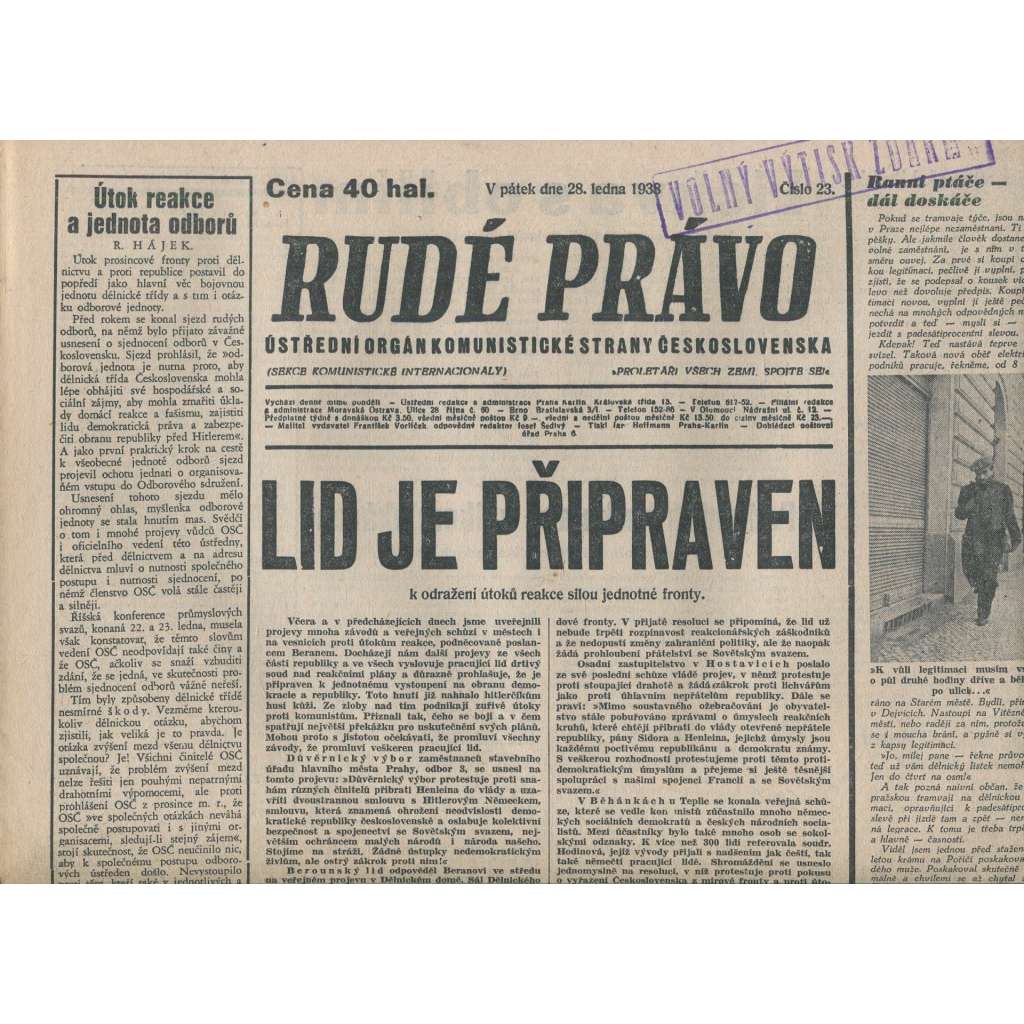 Rudé právo (28.1.1938) - 1. republika, staré noviny