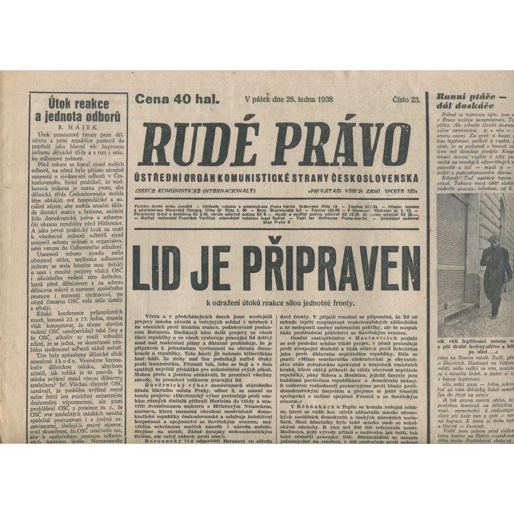 Rudé právo (28.1.1938) - 1. republika, staré noviny
