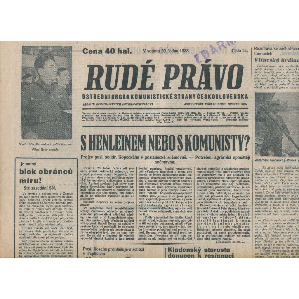 Rudé právo (29.1.1938) - 1. republika, staré noviny