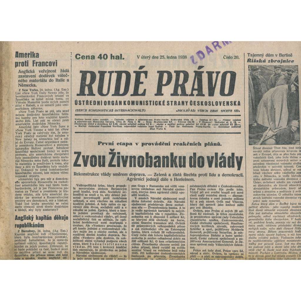 Rudé právo (25.1.1938) - 1. republika, staré noviny