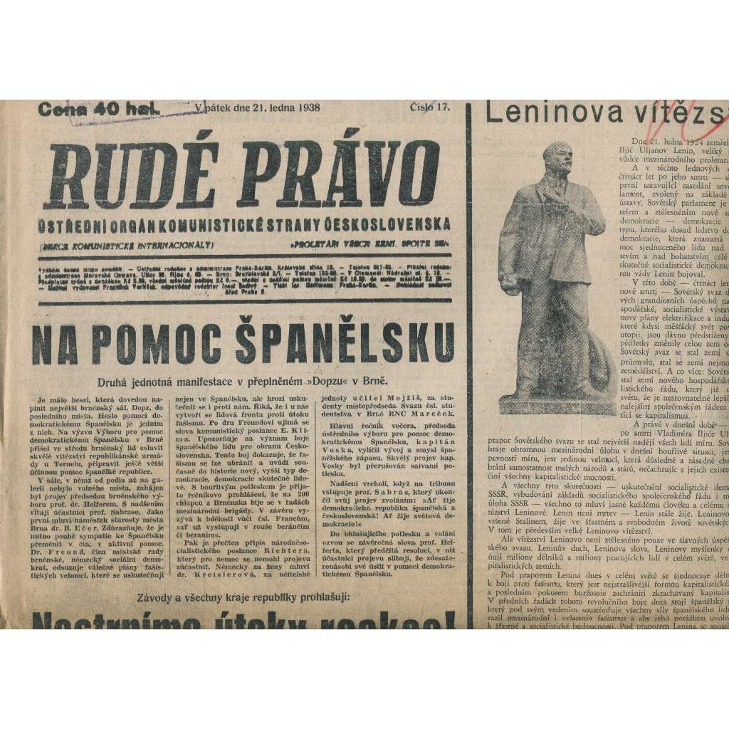 Rudé právo (21.1.1938) - 1. republika, staré noviny