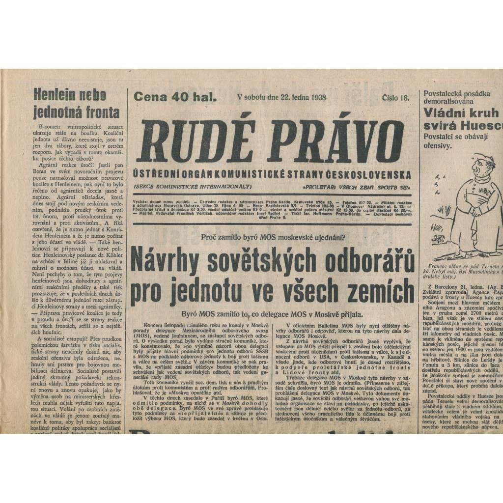 Rudé právo (22.1.1938) - 1. republika, staré noviny