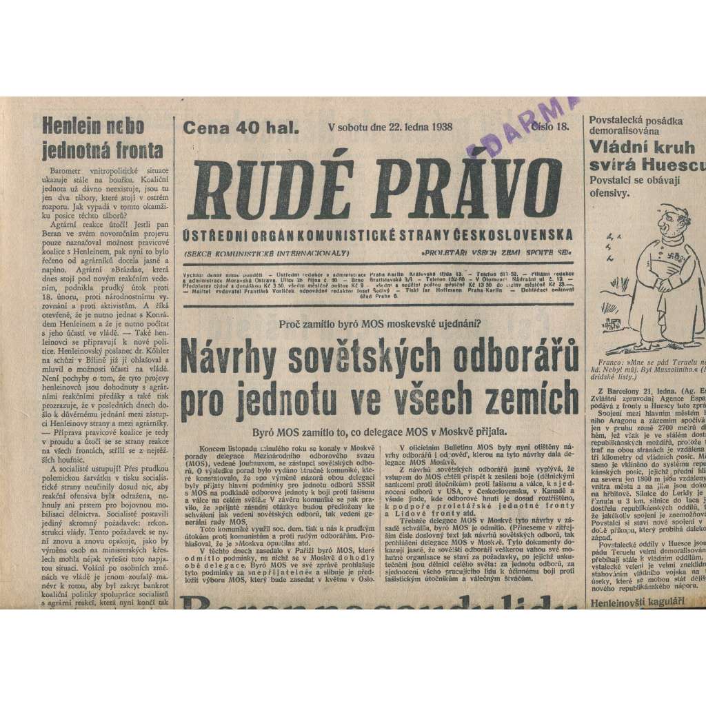 Rudé právo (22.1.1938) - 1. republika, staré noviny
