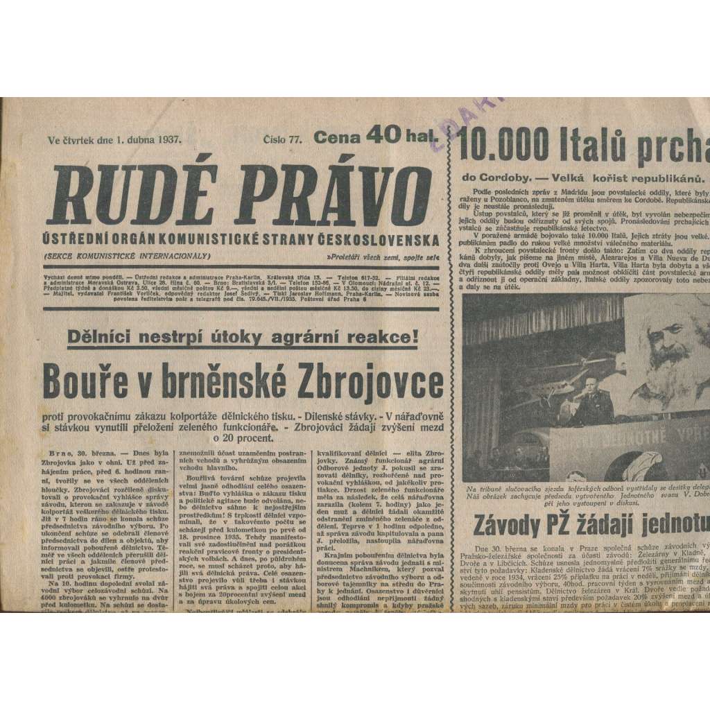 Rudé právo (1.4.1937) - 1. republika, staré noviny