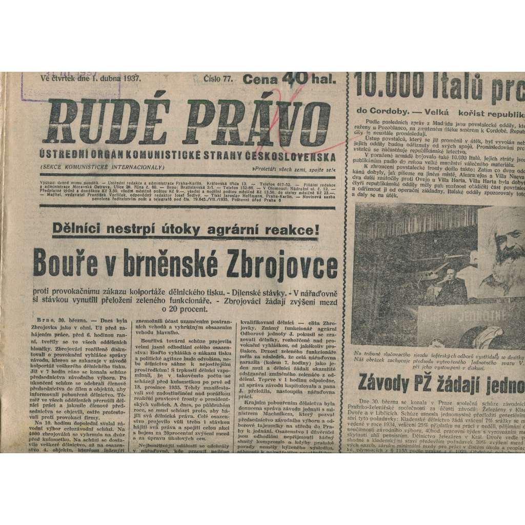 Rudé právo (1.4.1937) - 1. republika, staré noviny