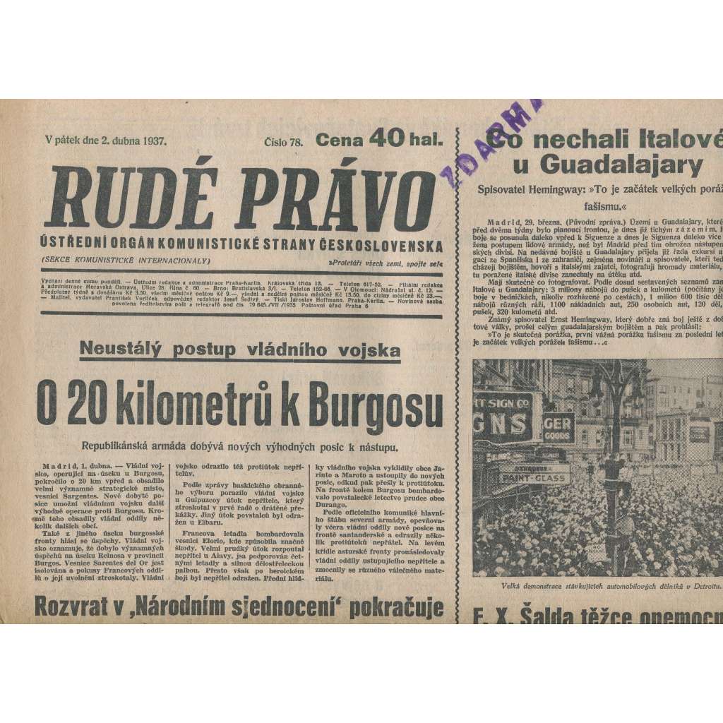 Rudé právo (2.4.1937) - 1. republika, staré noviny