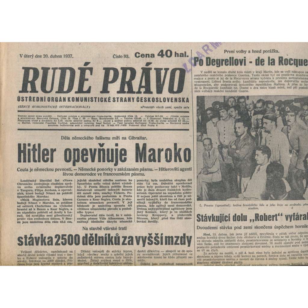 Rudé právo (20.4.1937) - 1. republika, staré noviny