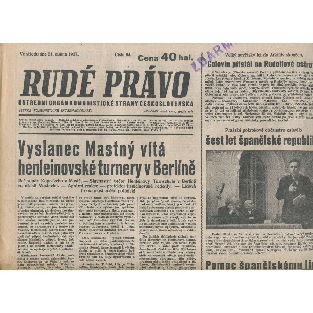 Rudé právo (21.4.1937) - 1. republika, staré noviny