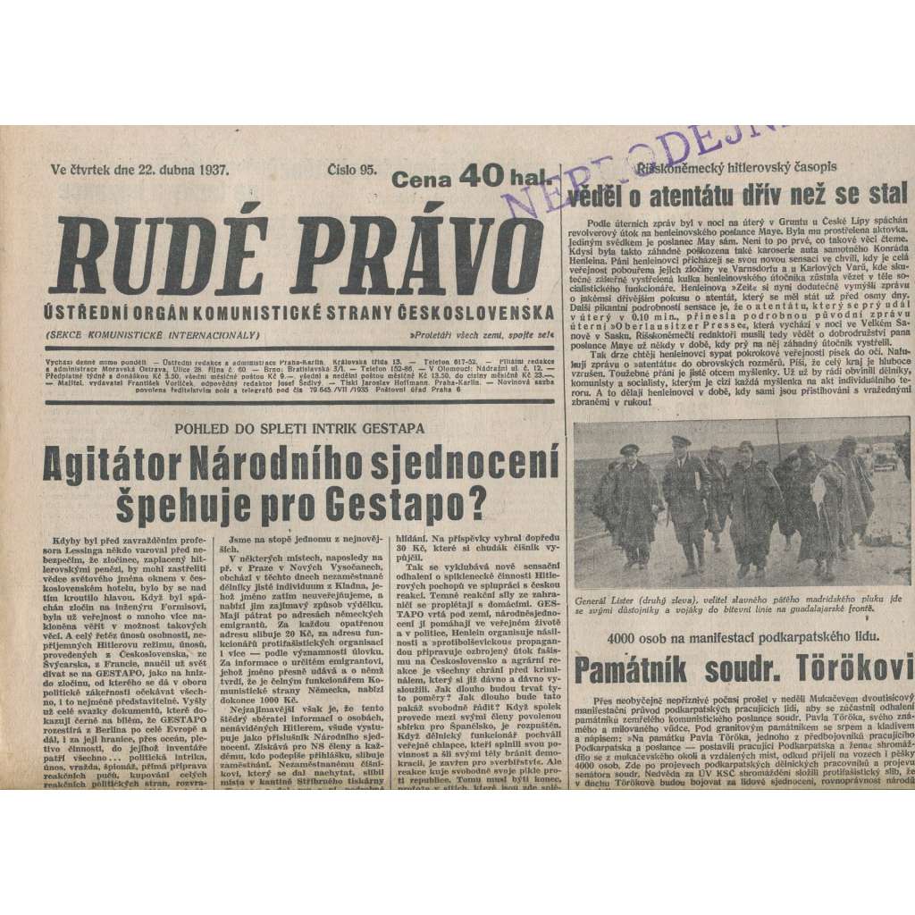 Rudé právo (22.4.1937) - 1. republika, staré noviny