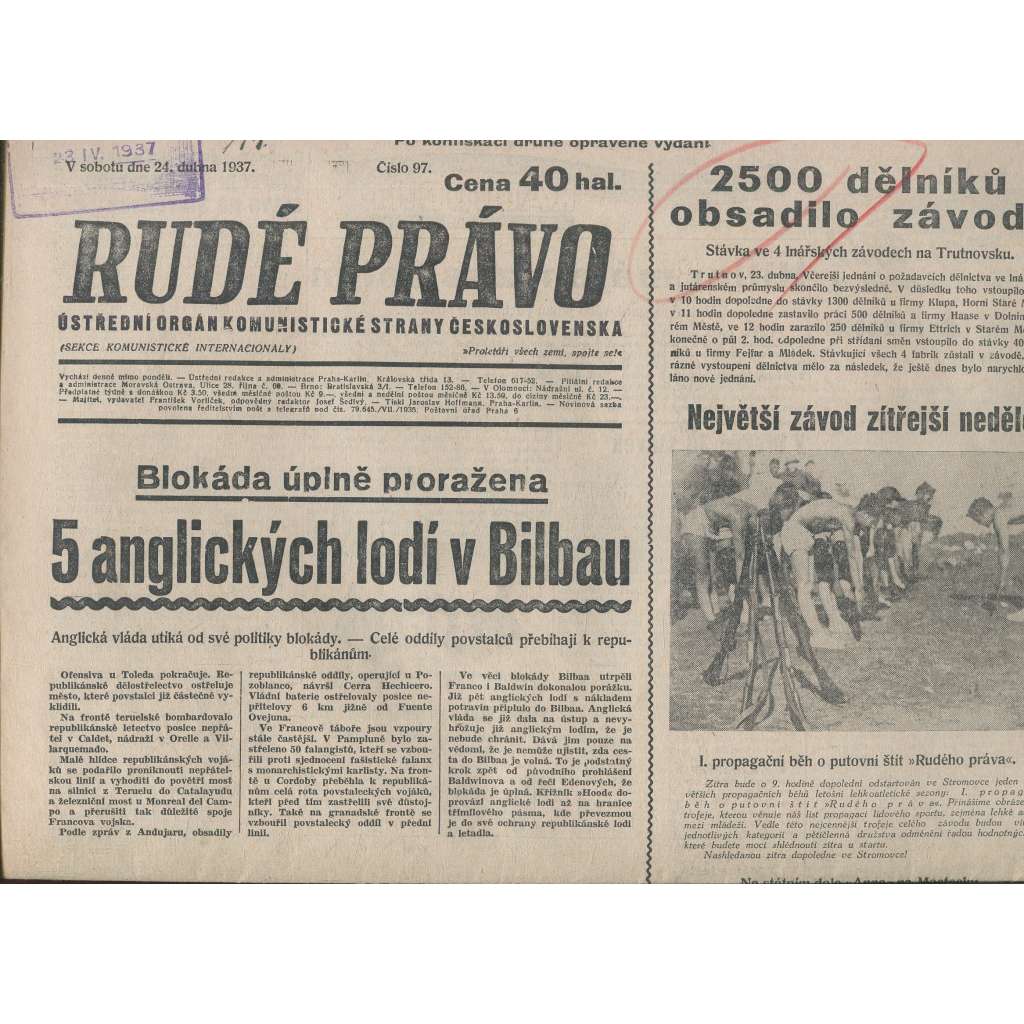 Rudé právo (24.4.1937) - 1. republika, staré noviny