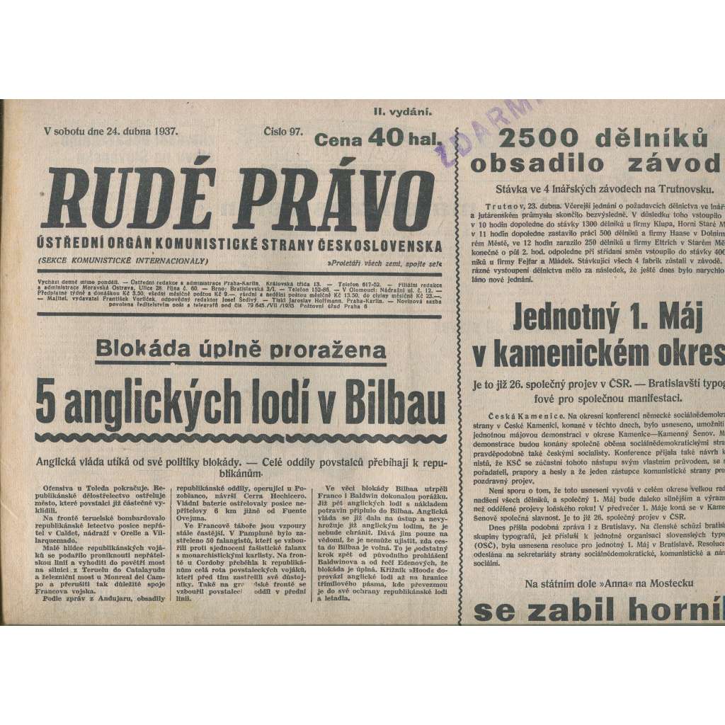 Rudé právo (24.4.1937) - 1. republika, staré noviny