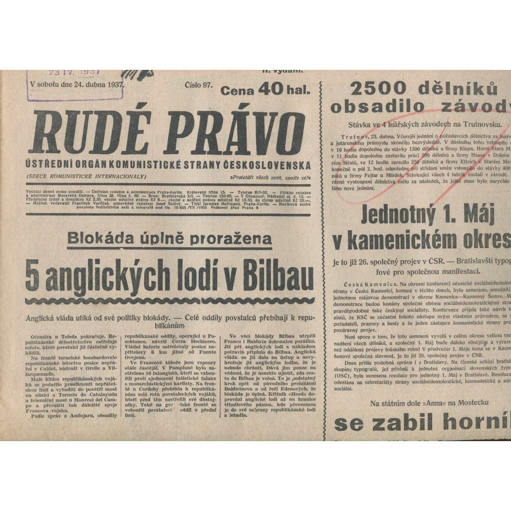 Rudé právo (24.4.1937) - 1. republika, staré noviny