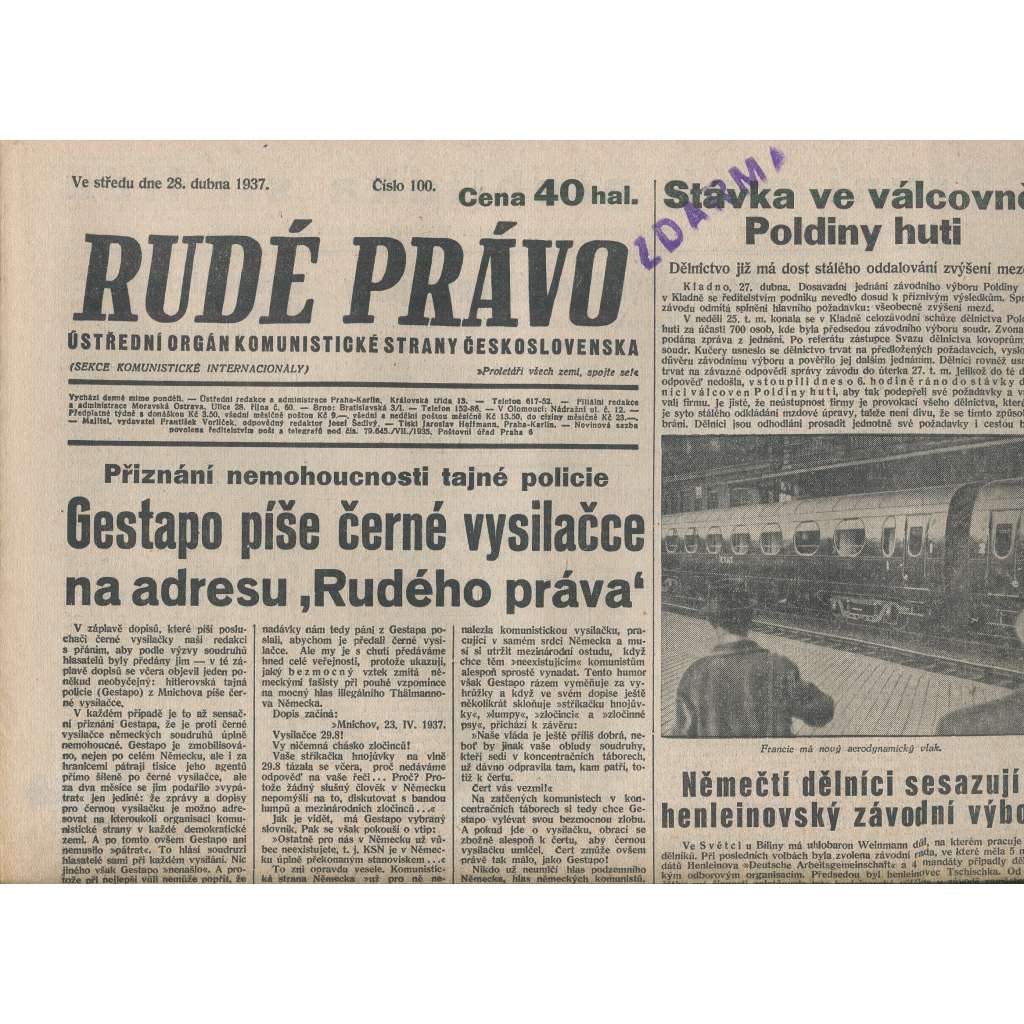 Rudé právo (28.4.1937) - 1. republika, staré noviny