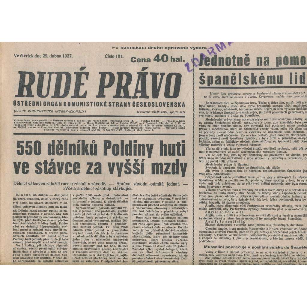 Rudé právo (29.4.1937) - 1. republika, staré noviny