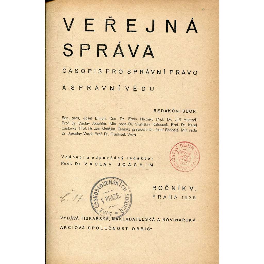 Veřejná správa, ročník V., číslo 1-10/1935. Časopis pro správní právo a správní vědu (právo)