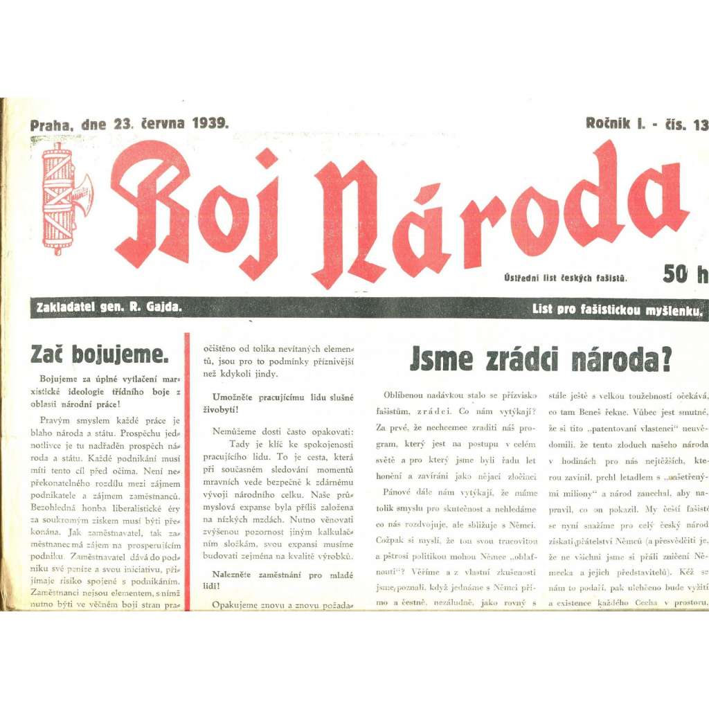 Boj národa, ročník I., číslo 13/1939. List pro fašistickou myšlenku (R. Gajda) noviny