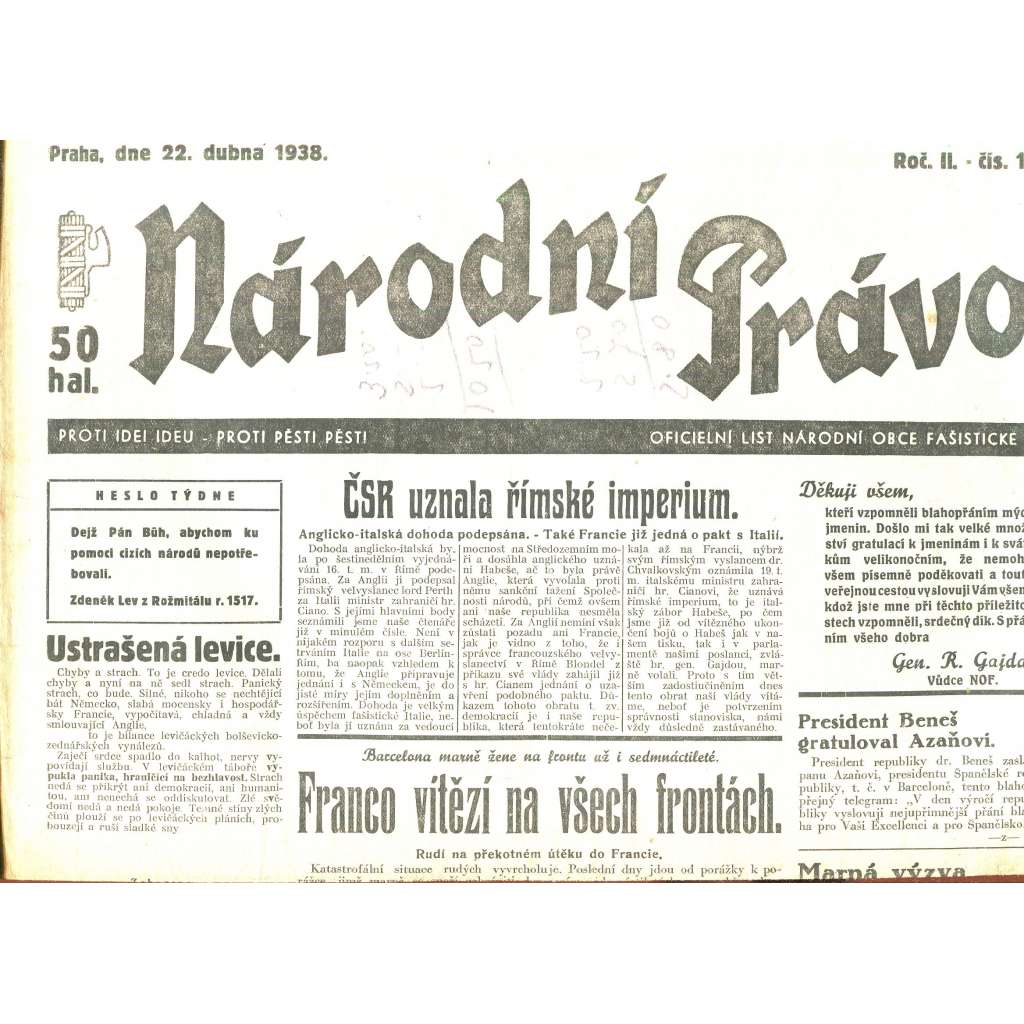 Národní právo, ročník II., číslo 15/1938. Oficielní list národní obce fašistické (noviny)