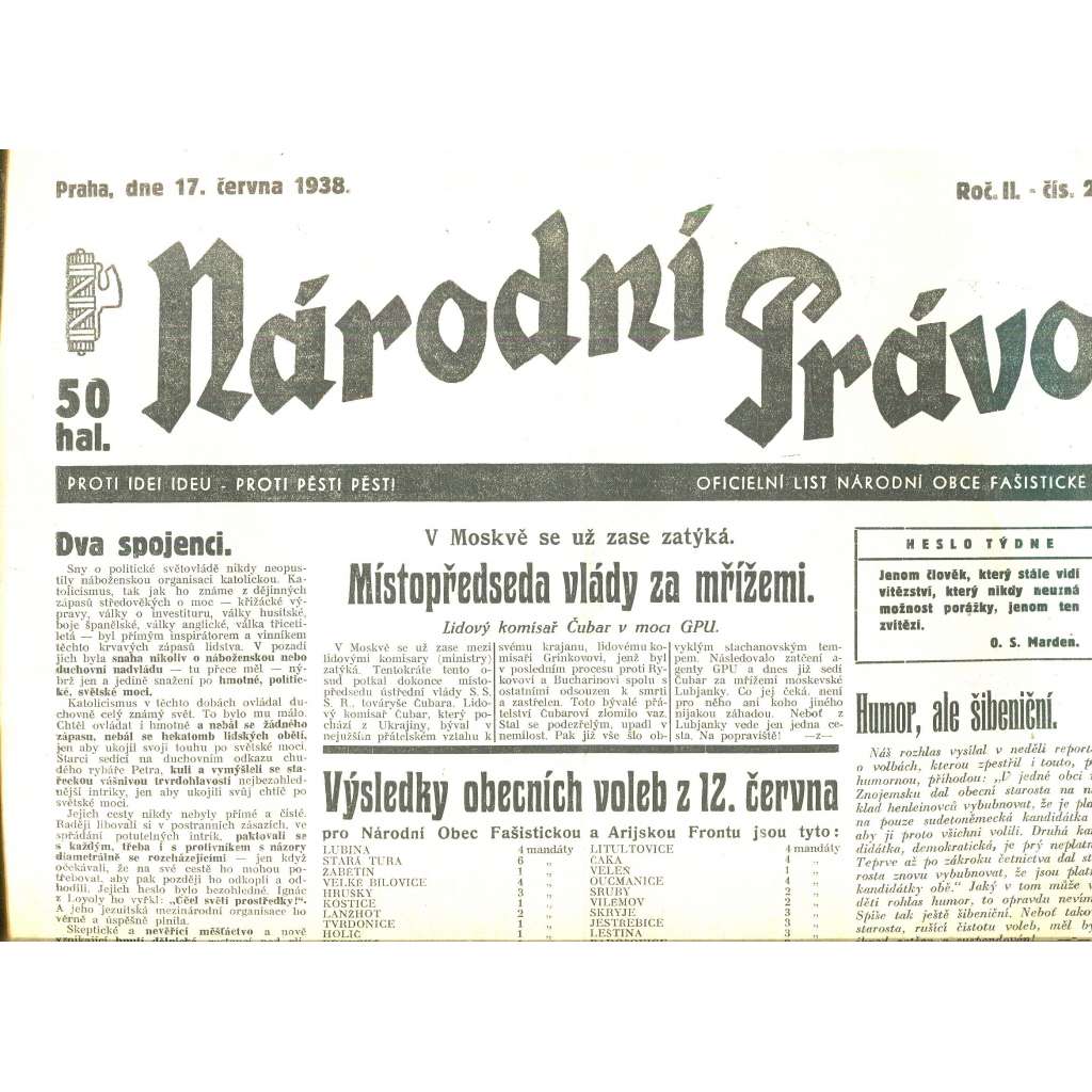 Národní právo, ročník II., číslo 23/1938. Oficielní list národní obce fašistické (noviny)