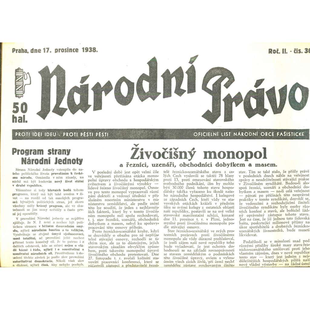 Národní právo, ročník II., číslo 36/1938. Oficielní list národní obce fašistické (noviny)