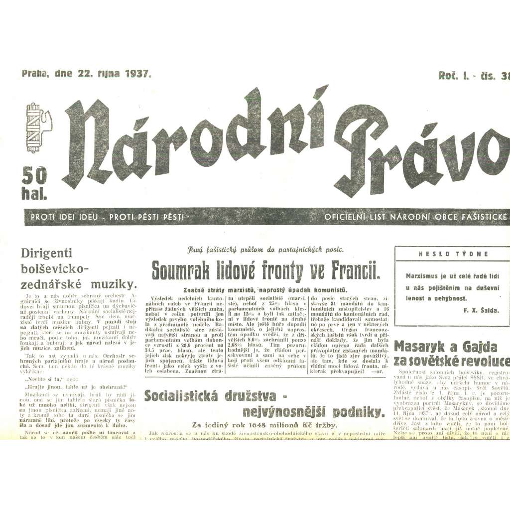 Národní právo, ročník I., číslo 38/1937. Oficielní list národní obce fašistické (noviny)