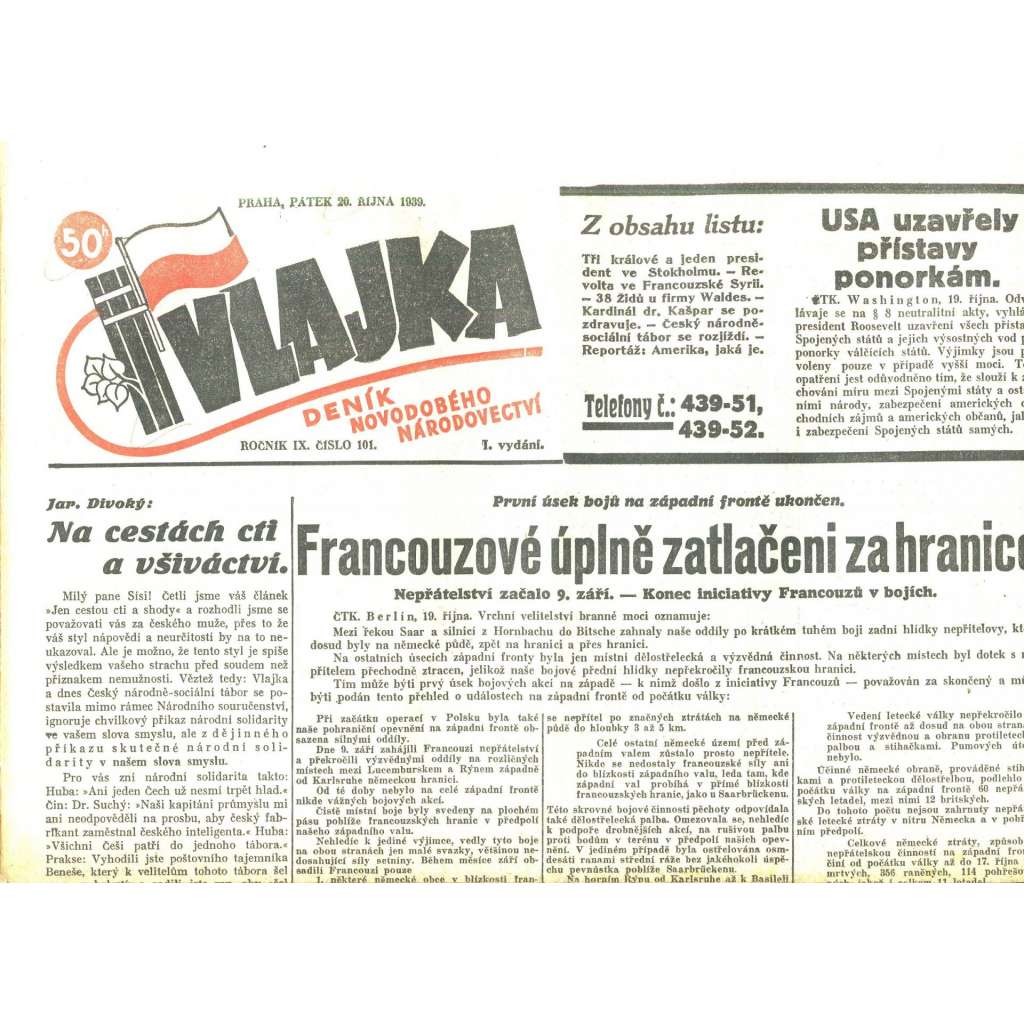Vlajka, ročník IX., číslo 101/1939. Deník nového národovectví (noviny, kolaborace, Protektorát)