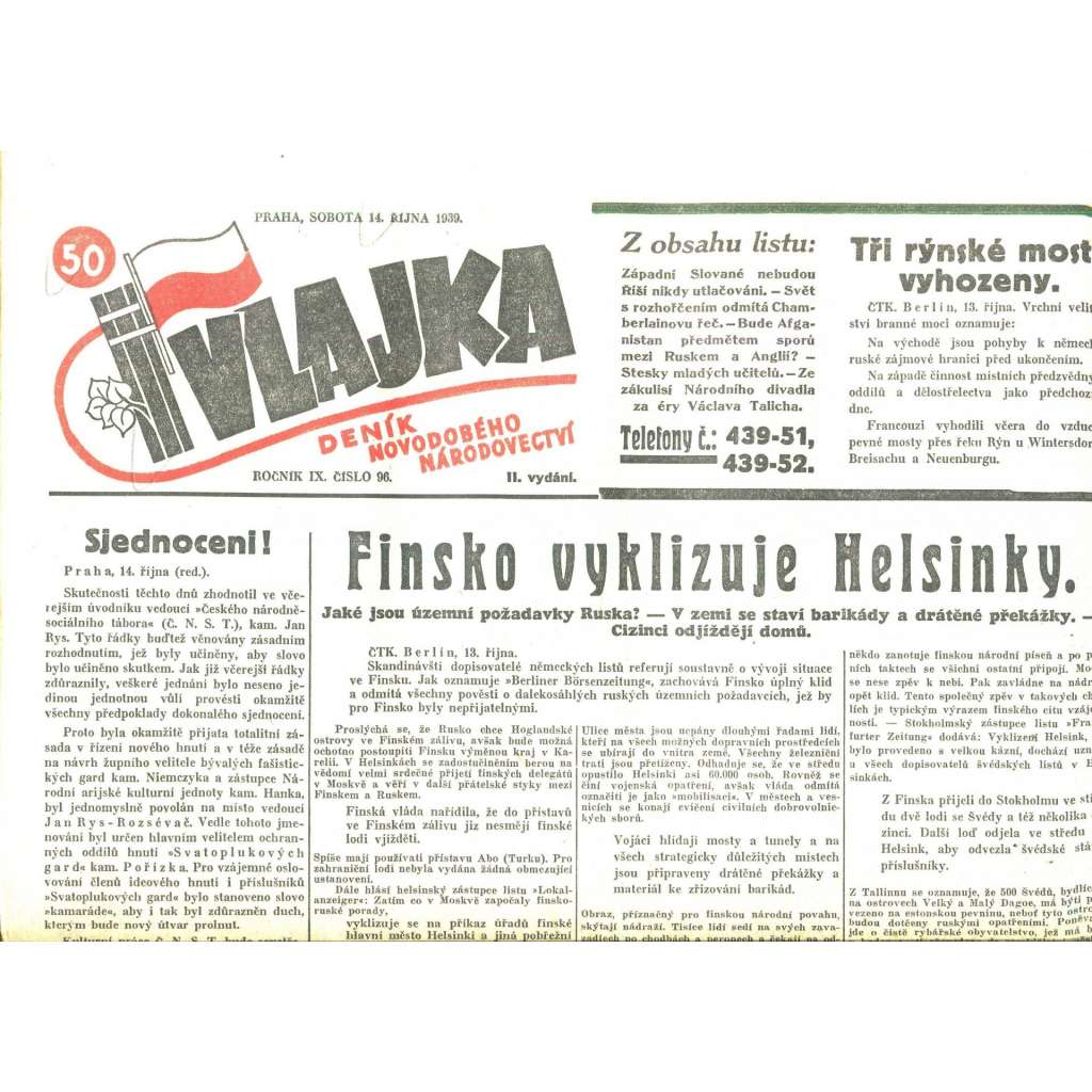 Vlajka, ročník IX., číslo 96/1939. Deník nového národovectví (noviny, kolaborace, Protektorát)