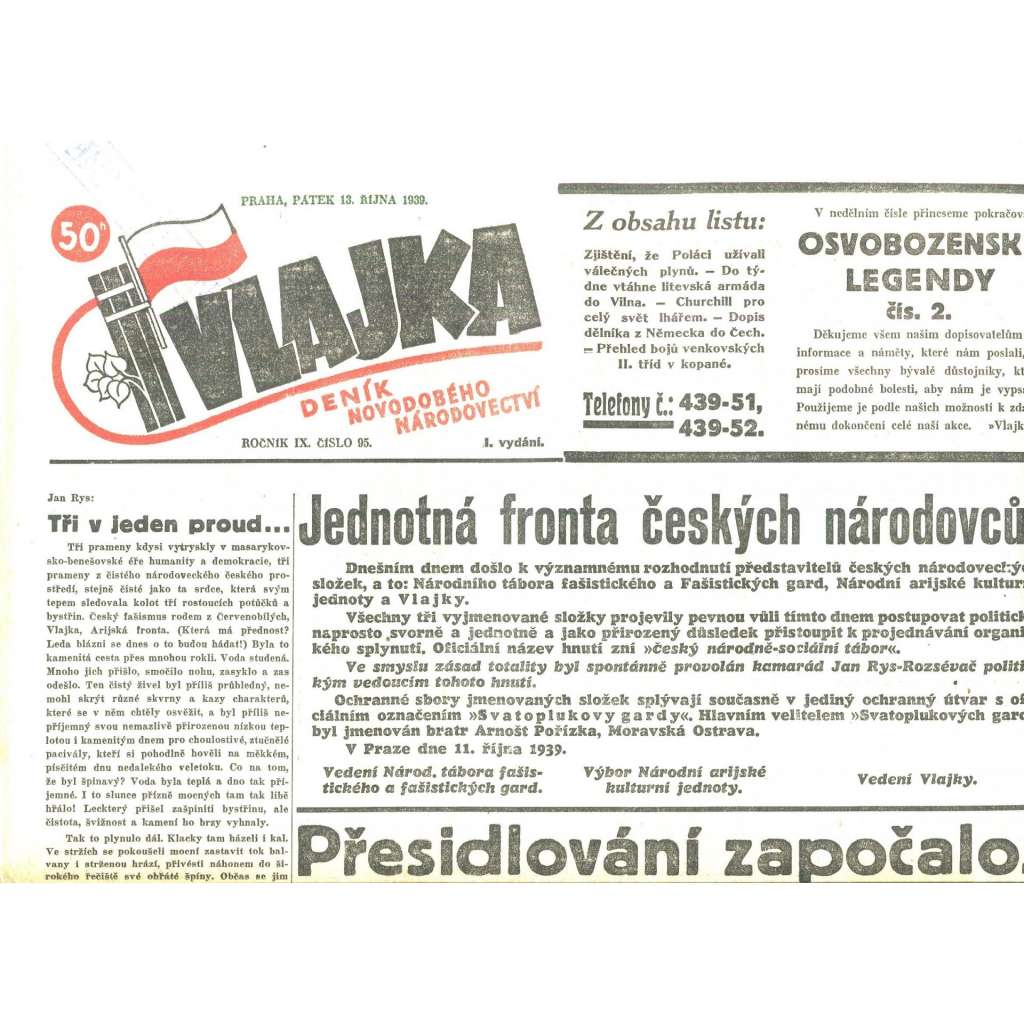 Vlajka, ročník IX., číslo 95/1939. Deník nového národovectví (noviny, kolaborace, Protektorát)