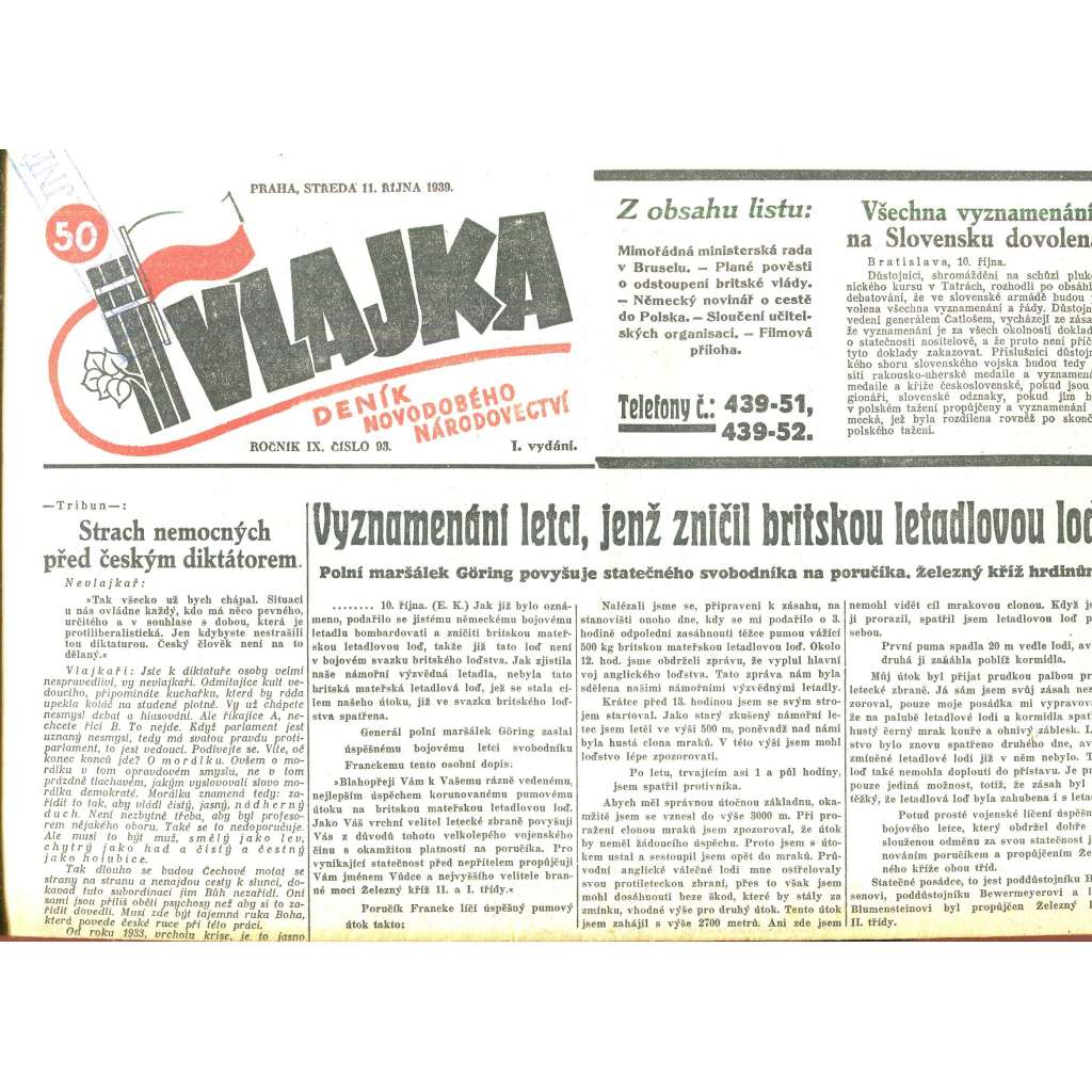Vlajka, ročník IX., číslo 93/1939. Deník nového národovectví (noviny, kolaborace, Protektorát)